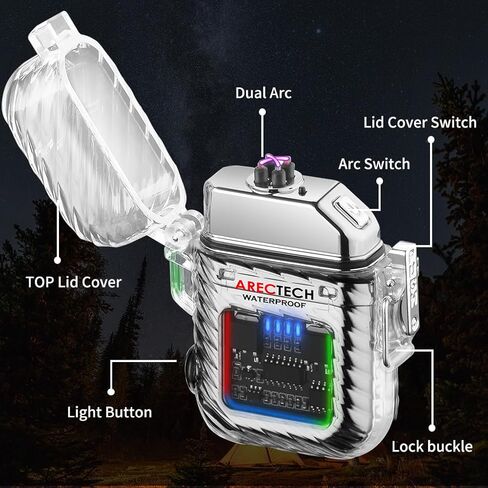 ARECTECH Electric Arc Dual Lighter Rechargeable Lighter 3 Modes of Flashlight Plasma Windproof Lighters Waterproof with Survival Emergency Whistle and Lanyard for Candle Outdoor Camping (Black) in Kuwait