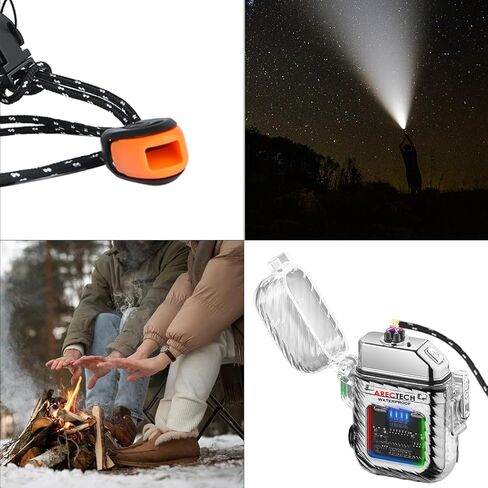 ARECTECH Electric Arc Dual Lighter Rechargeable Lighter 3 Modes of Flashlight Plasma Windproof Lighters Waterproof with Survival Emergency Whistle and Lanyard for Candle Outdoor Camping (Black) in Kuwait