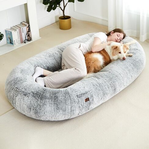 pettycare Human Dog Bed for Adult, Fluffy Faux Rabbit Fur Human Size Dog Bed Better Sleeping, Supportive with Orthopedic Memory Foam Mats, Giant Dog Bean Bag Bed, 72"x42"x12", Grey in Kuwait