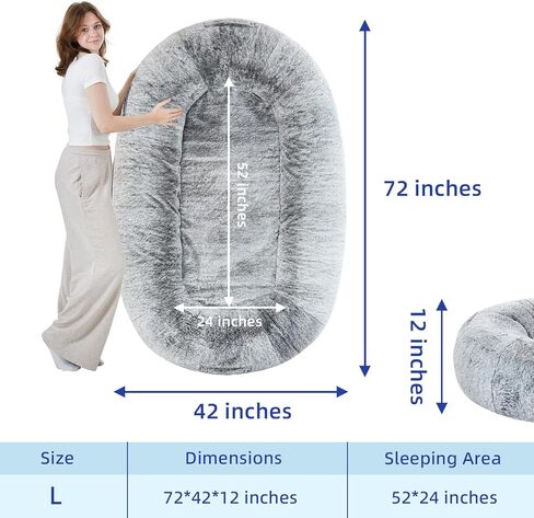 pettycare Human Dog Bed for Adult, Fluffy Faux Rabbit Fur Human Size Dog Bed Better Sleeping, Supportive with Orthopedic Memory Foam Mats, Giant Dog Bean Bag Bed, 72"x42"x12", Grey in Kuwait