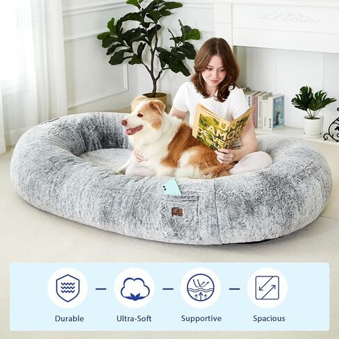 pettycare Human Dog Bed for Adult, Fluffy Faux Rabbit Fur Human Size Dog Bed Better Sleeping, Supportive with Orthopedic Memory Foam Mats, Giant Dog Bean Bag Bed, 72"x42"x12", Grey in Kuwait