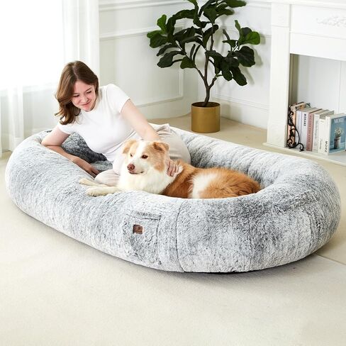 pettycare Human Dog Bed for Adult, Fluffy Faux Rabbit Fur Human Size Dog Bed Better Sleeping, Supportive with Orthopedic Memory Foam Mats, Giant Dog Bean Bag Bed, 72"x42"x12", Grey in Kuwait
