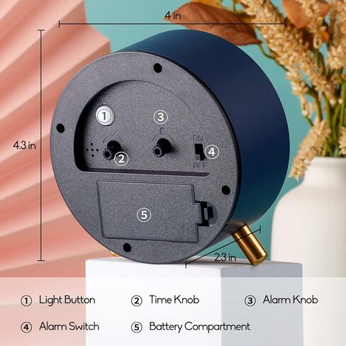 FLOITTUY 4 بوصات منبه صامت للغاية، ساعة منبه مستديرة باللون الأزرق الداكن مع ضوء ليلي، تعمل بالبطارية، مجموعة سهلة الدخول طراز لوكس للمكتب وغرفة النوم والديكور المنزلي in Kuwait