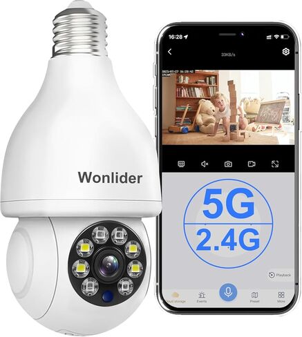 كاميرا مراقبة بمصباح كهربائي 5G، كاميرات لاسلكية PTZ 360 درجة خارجية داخلية، 1080 بكسل واي فاي 6 كاميرات مراقبة منزلية مزدوجة النطاق، رؤية ليلية ملونة ثنائية الاتجاه، إنذار كشف الحركة E27 in Kuwait