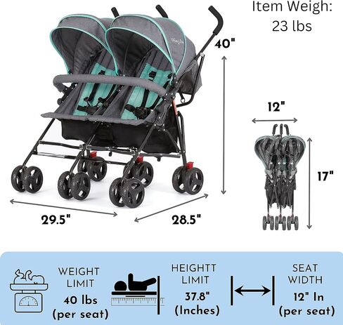 Dream On Me Volgo Twin Baby Stroller, Compact Side-by-Side Double Umbrella Stroller, 5-Point Safety Harness, Adjustable Canopy, Storage Basket & Travel-Friendly Fold, Black in Saudi Arabia