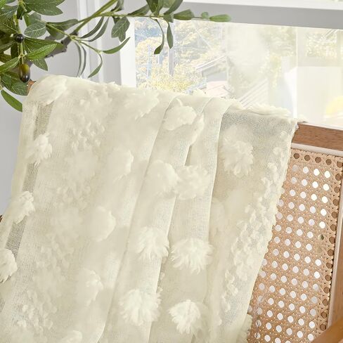 BGment White Pom Pom Sheer Curtains 63 inch Length, Boho Textured Light Filtering Curtains with Rod Pocket and Back Tab for Bedroom Nursery, Set of 2 Panels, White, 52 x 63 Inch in Kuwait