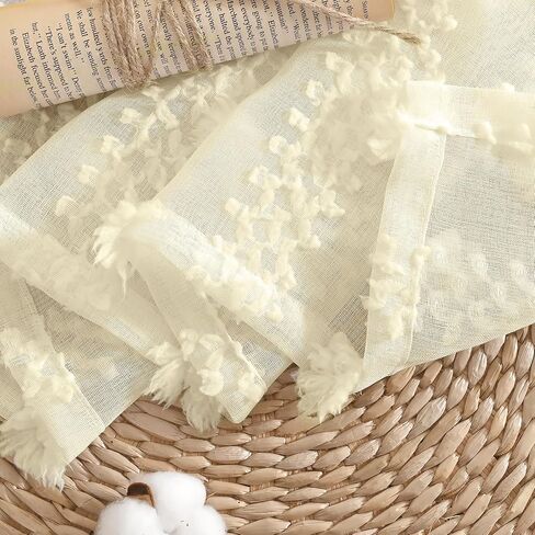 BGment White Pom Pom Sheer Curtains 63 inch Length, Boho Textured Light Filtering Curtains with Rod Pocket and Back Tab for Bedroom Nursery, Set of 2 Panels, White, 52 x 63 Inch in Kuwait