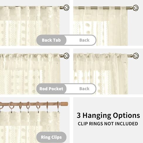 BGment White Pom Pom Sheer Curtains 63 inch Length, Boho Textured Light Filtering Curtains with Rod Pocket and Back Tab for Bedroom Nursery, Set of 2 Panels, White, 52 x 63 Inch in Kuwait