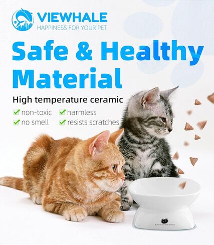 VIEWHALE Raised Cat Food Bowl(6 inches), Elevated Tilted Flat Cat Bowl, Anti-Vomit Cat Bowl for Indoor Cats - Ceramic Cat Feeder, Whisker-Friendly, Extra Wide Cat Bowl That Fits Cat's Face(White). in Kuwait