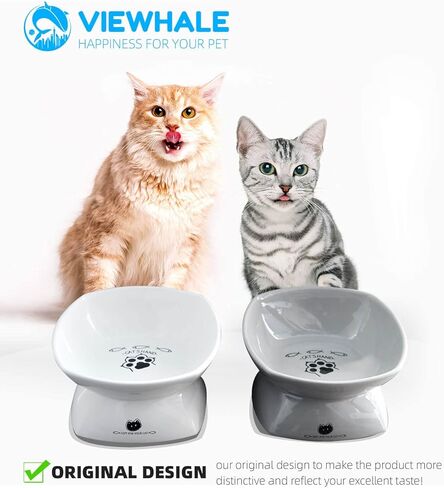 VIEWHALE Raised Cat Food Bowl(6 inches), Elevated Tilted Flat Cat Bowl, Anti-Vomit Cat Bowl for Indoor Cats - Ceramic Cat Feeder, Whisker-Friendly, Extra Wide Cat Bowl That Fits Cat's Face(White). in Kuwait