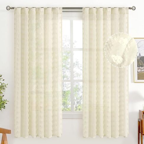 BGment White Pom Pom Sheer Curtains 63 inch Length, Boho Textured Light Filtering Curtains with Rod Pocket and Back Tab for Bedroom Nursery, Set of 2 Panels, White, 52 x 63 Inch in Kuwait