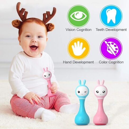 Alilo Bunny Baby Rattle Shaker and Teether Toys,Electronic Rattle Infants Toy,9 Kinds of Color Learning and Educational Toys with Music & Light for 0-6-12 Months, Gift for Newborns Girls Boys Toddlers in Kuwait
