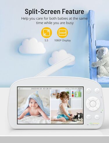 HiPP Pro Baby Monitor, 5.5" 1080P Split Screen Baby Video Monitor with Camera and Audio, 2-Way Talk, 5000mAh Battery, HD Night Vision, Pan Tilt Zoom, VOX Mode, 1000ft Range in Saudi Arabia