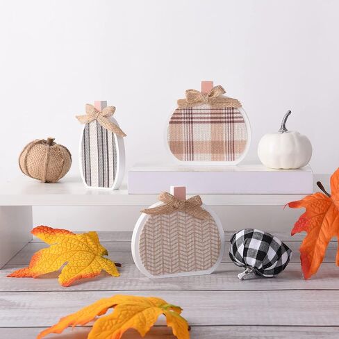 6 قطع من ديكورات اليقطين الاصطناعية من اول ريال، مجموعة صينية ديكور من الخيش الابيض بنمط مربعات اليقطين على سطح الطاولة لافتة خشبية للمنزل والرفوف والحصاد وعيد الشكر والهالوين in Kuwait