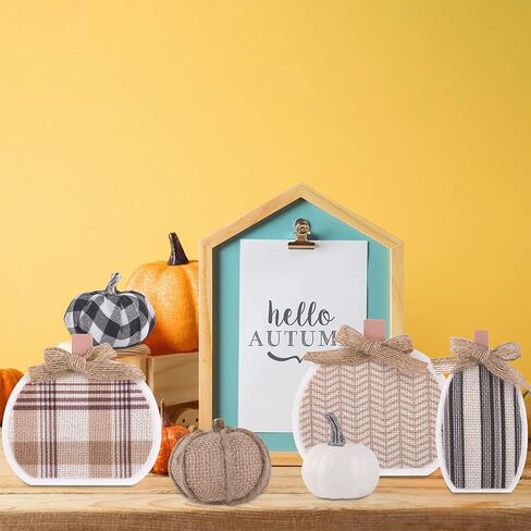 6 قطع من ديكورات اليقطين الاصطناعية من اول ريال، مجموعة صينية ديكور من الخيش الابيض بنمط مربعات اليقطين على سطح الطاولة لافتة خشبية للمنزل والرفوف والحصاد وعيد الشكر والهالوين in Kuwait