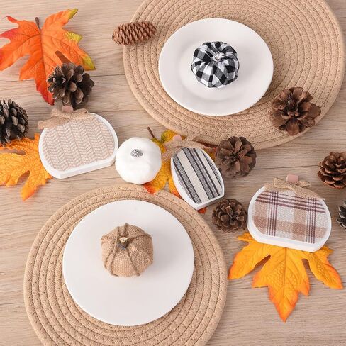 6 قطع من ديكورات اليقطين الاصطناعية من اول ريال، مجموعة صينية ديكور من الخيش الابيض بنمط مربعات اليقطين على سطح الطاولة لافتة خشبية للمنزل والرفوف والحصاد وعيد الشكر والهالوين in Kuwait