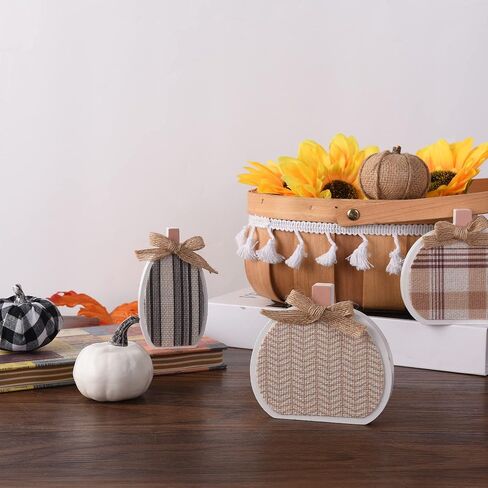 6 قطع من ديكورات اليقطين الاصطناعية من اول ريال، مجموعة صينية ديكور من الخيش الابيض بنمط مربعات اليقطين على سطح الطاولة لافتة خشبية للمنزل والرفوف والحصاد وعيد الشكر والهالوين in Kuwait