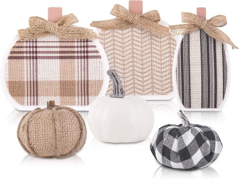 6 قطع من ديكورات اليقطين الاصطناعية من اول ريال، مجموعة صينية ديكور من الخيش الابيض بنمط مربعات اليقطين على سطح الطاولة لافتة خشبية للمنزل والرفوف والحصاد وعيد الشكر والهالوين in Kuwait