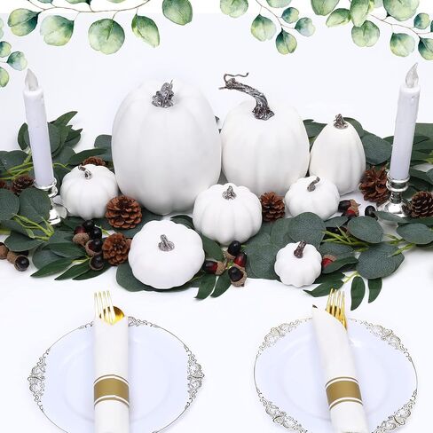 Lenwen 8 Pcs Assorted Sizes Fall Artificial Pumpkins Harvest Pumpkins 50 Pcs Acorns 12 Pcs Pine Cones 2 Pcs 13 ft Total Artificial Eucalyptus Garland Spring Garland for Autumn Harvest Decoration in Kuwait