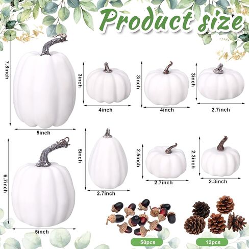 Lenwen 8 Pcs Assorted Sizes Fall Artificial Pumpkins Harvest Pumpkins 50 Pcs Acorns 12 Pcs Pine Cones 2 Pcs 13 ft Total Artificial Eucalyptus Garland Spring Garland for Autumn Harvest Decoration in Kuwait