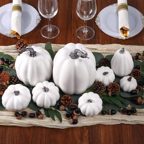 Lenwen 8 Pcs Assorted Sizes Fall Artificial Pumpkins Harvest Pumpkins 50 Pcs Acorns 12 Pcs Pine Cones 2 Pcs 13 ft Total Artificial Eucalyptus Garland Spring Garland for Autumn Harvest Decoration in Kuwait