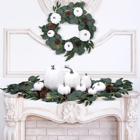 Lenwen 8 Pcs Assorted Sizes Fall Artificial Pumpkins Harvest Pumpkins 50 Pcs Acorns 12 Pcs Pine Cones 2 Pcs 13 ft Total Artificial Eucalyptus Garland Spring Garland for Autumn Harvest Decoration in Kuwait