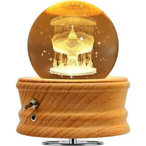 Hwawhin 3D Crystal Ball Music Box with Projection LED Light and Rotating Wooden Base for Christmas, Birthday, Valentine's Day - Music Boxes for Women, Mums and Girls