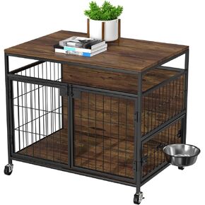 أثاث قفص للكلاب مقاس 31 بوصة من VyGrow، طاولة نهاية جانبية خشبية شديدة التحمل، أثاث بيت الكلب الداخلي للكلاب الصغيرة/المتوسطة، أبواب مزدوجة ومغذية دوارة 360 درجة وعجلات دوارة أو وسادات للقدم in Kuwait