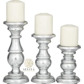 AULIYA Wooden Candle Holders Pillar Candles Holder Rustic Wood Stand Decorative Polish Candlestick Set of 3 for Home Decor - 6" 8" 10" Brown