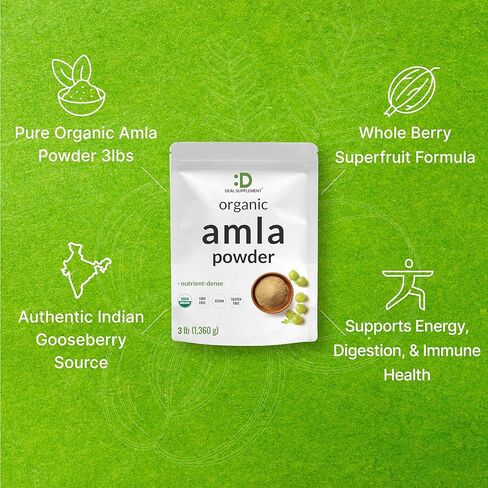 مسحوق أملا الهندي العضوي، 3 رطل - مصدر عنب الثعلب الكامل - فاكهة خام فائقة الجودة - غني بالفيتامينات ومضادات الأكسدة - مكمل للشعر والطاقة والمناعة - غير معدل وراثيًا، نباتي in Kuwait