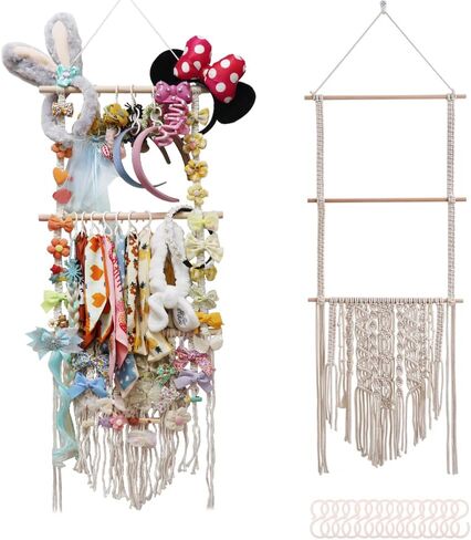 Headband Holder Hair Bows Organizer For Baby Girls Hair Clip Accessories Organizer Storage Necklace Display with 20 Hooks For Toddler Girl Boho Nursery Wall Hanging Decor in Saudi Arabia