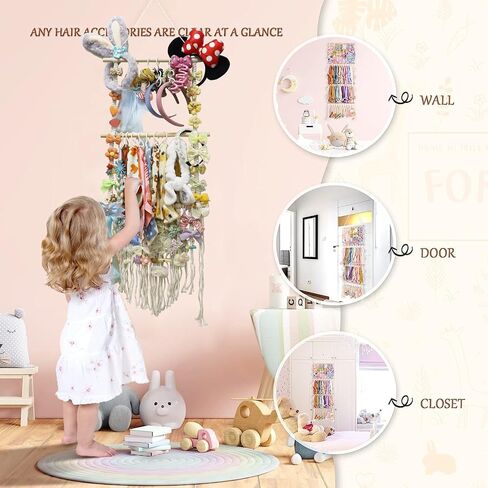 Headband Holder Hair Bows Organizer For Baby Girls Hair Clip Accessories Organizer Storage Necklace Display with 20 Hooks For Toddler Girl Boho Nursery Wall Hanging Decor in Saudi Arabia