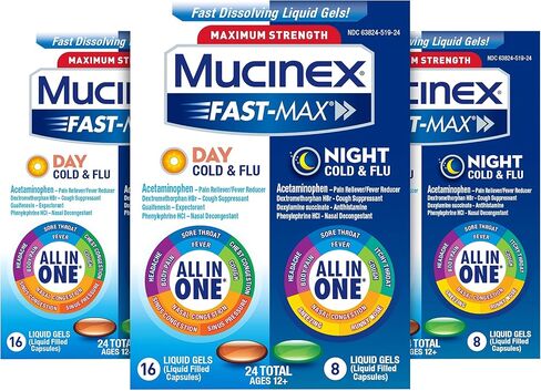 Mucinex Fast-Max Max Strength، المواد الهلامية السائلة للبرد والإنفلونزا أثناء النهار والإنفلونزا والليل (عبوة من 3 قطع)، 72 قطعة (قد تختلف التعبئة) in Saudi Arabia