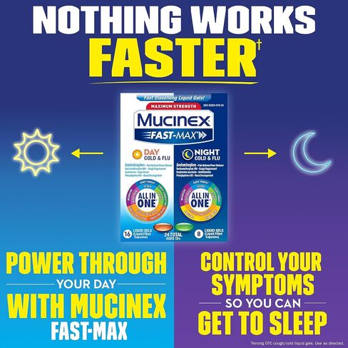 Mucinex Fast-Max Max Strength، المواد الهلامية السائلة للبرد والإنفلونزا أثناء النهار والإنفلونزا والليل (عبوة من 3 قطع)، 72 قطعة (قد تختلف التعبئة) in Saudi Arabia