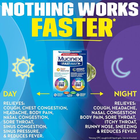 Mucinex Fast-Max Max Strength، المواد الهلامية السائلة للبرد والإنفلونزا أثناء النهار والإنفلونزا والليل (عبوة من 3 قطع)، 72 قطعة (قد تختلف التعبئة) in Saudi Arabia