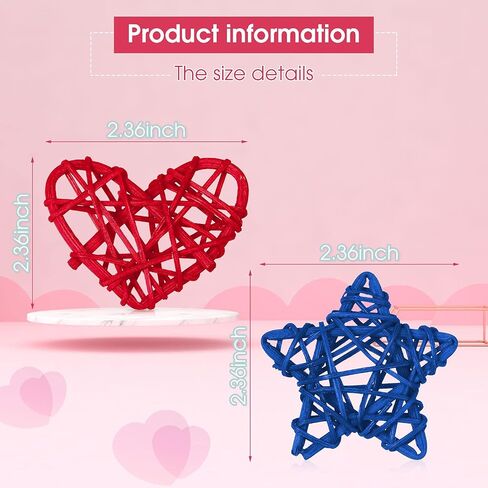 18 Piece Red Blue and White Star and Heart Shaped Rattan Balls Decoration, 4th of July Wicker Balls for Home Decor DIY Vase Filler Ornament Wedding Table Themed Party Christmas Decoration, 2.36 Inch in Saudi Arabia