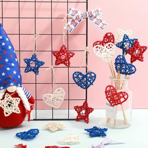 18 Piece Red Blue and White Star and Heart Shaped Rattan Balls Decoration, 4th of July Wicker Balls for Home Decor DIY Vase Filler Ornament Wedding Table Themed Party Christmas Decoration, 2.36 Inch in Saudi Arabia