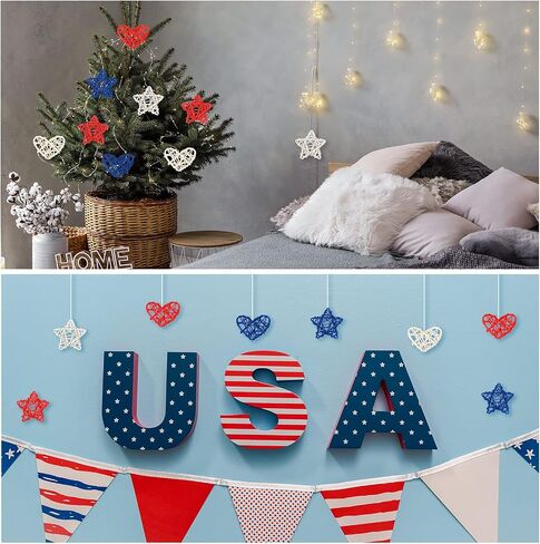 18 Piece Red Blue and White Star and Heart Shaped Rattan Balls Decoration, 4th of July Wicker Balls for Home Decor DIY Vase Filler Ornament Wedding Table Themed Party Christmas Decoration, 2.36 Inch in Saudi Arabia