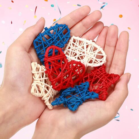 18 Piece Red Blue and White Star and Heart Shaped Rattan Balls Decoration, 4th of July Wicker Balls for Home Decor DIY Vase Filler Ornament Wedding Table Themed Party Christmas Decoration, 2.36 Inch in Saudi Arabia
