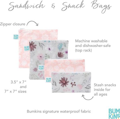 Bumkins Reusable Sandwich and Snack Bags, for Kids Lunch Bags and for Adults, Washable Fabric, Cloth Zip Bag, Dishwasher-Safe, Food-Safe, Safety Tested (4-Pack) in Saudi Arabia