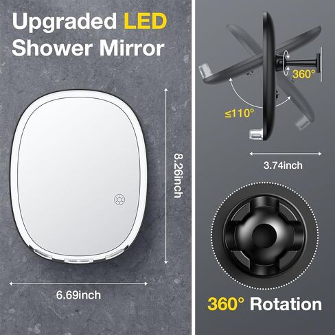 بينبيلري مراة حمام LED بدون ضباب للحلاقة مع 3 الوان اضاءة قابلة للتعتيم، 2 شماعات للشفرة، تثبت على الحائط بدون ثقب، دوران 360 درجة، مقاومة للكسر والماء، مراة حمام للرجال والنساء in Kuwait