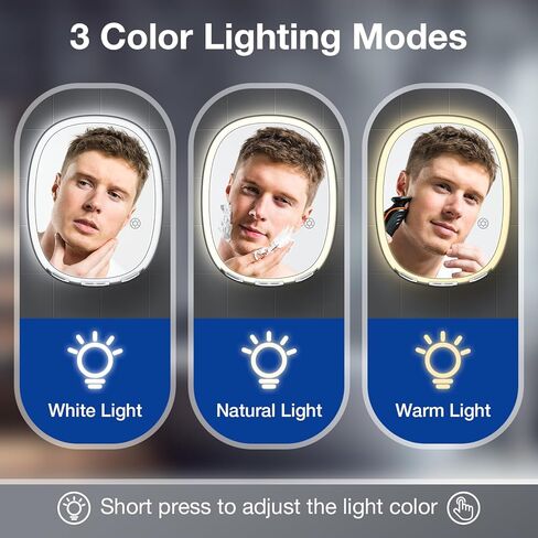 بينبيلري مراة حمام LED بدون ضباب للحلاقة مع 3 الوان اضاءة قابلة للتعتيم، 2 شماعات للشفرة، تثبت على الحائط بدون ثقب، دوران 360 درجة، مقاومة للكسر والماء، مراة حمام للرجال والنساء in Kuwait