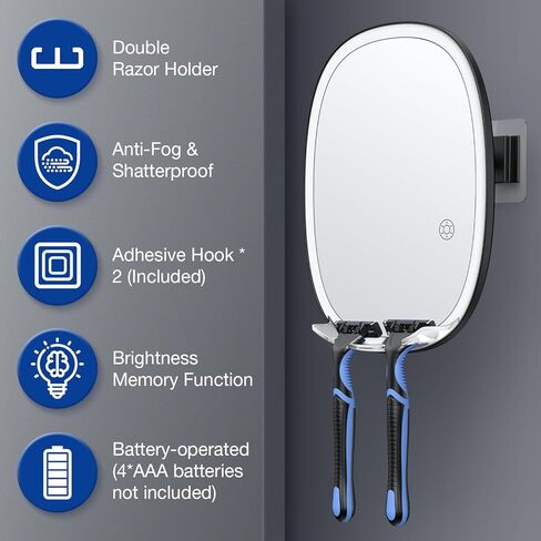 بينبيلري مراة حمام LED بدون ضباب للحلاقة مع 3 الوان اضاءة قابلة للتعتيم، 2 شماعات للشفرة، تثبت على الحائط بدون ثقب، دوران 360 درجة، مقاومة للكسر والماء، مراة حمام للرجال والنساء in Kuwait