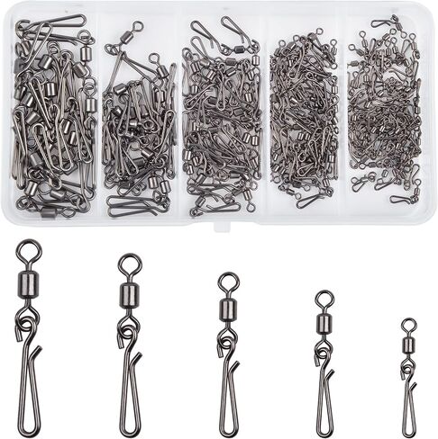 SILANON Fishing Barrel Snap Swivels Kit,160pcs Rolling Barrel Swivels with Hanging Snap Stainless Steel Fishing Snap Clips Quick Change Speed Clips Swivels Fishing Tackle Connector in Saudi Arabia