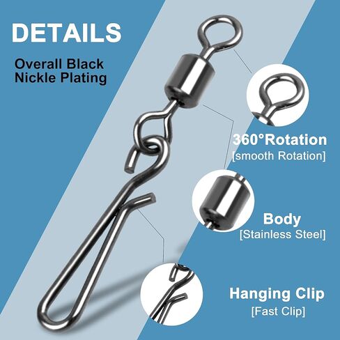 SILANON Fishing Barrel Snap Swivels Kit,160pcs Rolling Barrel Swivels with Hanging Snap Stainless Steel Fishing Snap Clips Quick Change Speed Clips Swivels Fishing Tackle Connector in Saudi Arabia