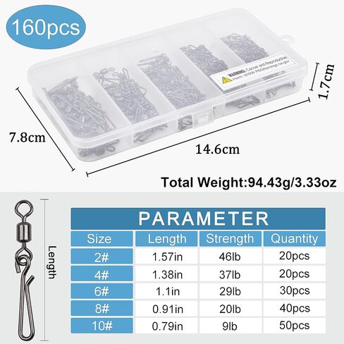 SILANON Fishing Barrel Snap Swivels Kit,160pcs Rolling Barrel Swivels with Hanging Snap Stainless Steel Fishing Snap Clips Quick Change Speed Clips Swivels Fishing Tackle Connector in Saudi Arabia