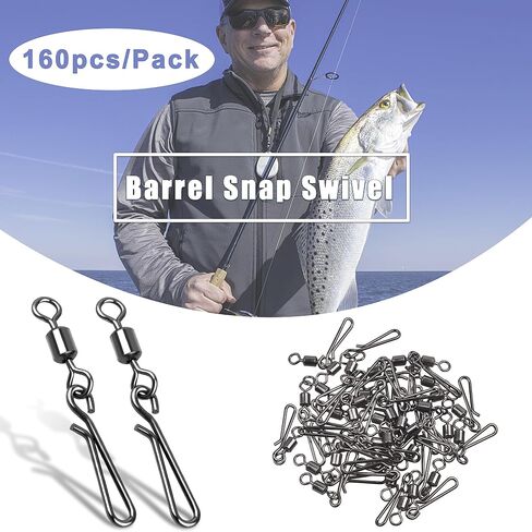 SILANON Fishing Barrel Snap Swivels Kit,160pcs Rolling Barrel Swivels with Hanging Snap Stainless Steel Fishing Snap Clips Quick Change Speed Clips Swivels Fishing Tackle Connector in Saudi Arabia