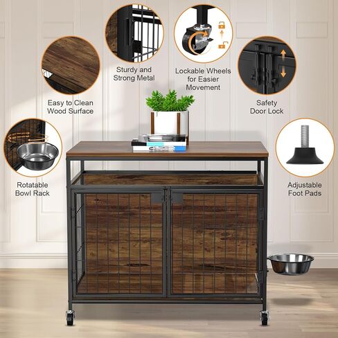 أثاث قفص للكلاب مقاس 31 بوصة من VyGrow، طاولة نهاية جانبية خشبية شديدة التحمل، أثاث بيت الكلب الداخلي للكلاب الصغيرة/المتوسطة، أبواب مزدوجة ومغذية دوارة 360 درجة وعجلات دوارة أو وسادات للقدم in Kuwait