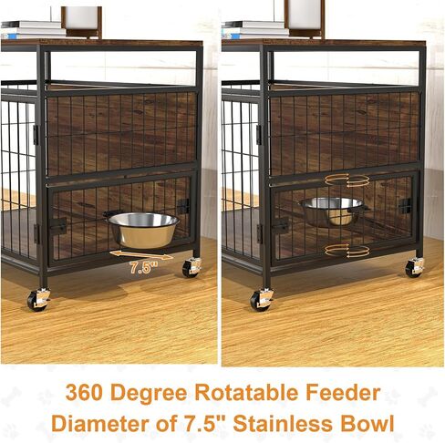أثاث قفص للكلاب مقاس 31 بوصة من VyGrow، طاولة نهاية جانبية خشبية شديدة التحمل، أثاث بيت الكلب الداخلي للكلاب الصغيرة/المتوسطة، أبواب مزدوجة ومغذية دوارة 360 درجة وعجلات دوارة أو وسادات للقدم in Kuwait
