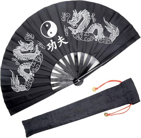 OMyTea Bamboo Large Rave Folding Hand Fan for Men/Women - Chinese Japanese Kung Fu Tai Chi Handheld Fan with Fabric Case - for Performance, Decorations, Dancing, Festival, Gift (Solid Black) in Saudi Arabia
